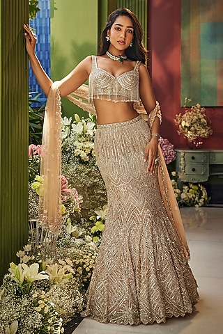 Rose Gold & Silver Net Sequins & Cutdana Embroidery Fish Cut Lehenga Set by Isa by Dolly Wahal