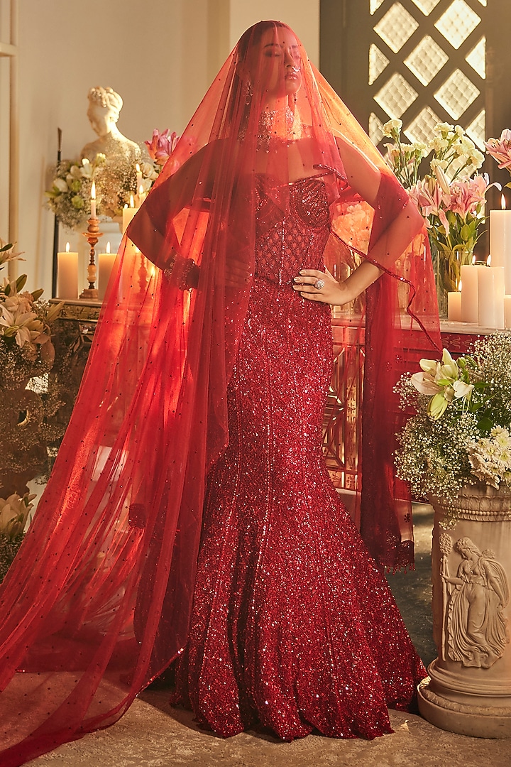 Scarlet Red Net Sequins & Cutdana Embroidered Fish-Cut Bridal Lehenga Set by Isa by Dolly Wahal at Pernia's Pop Up Shop