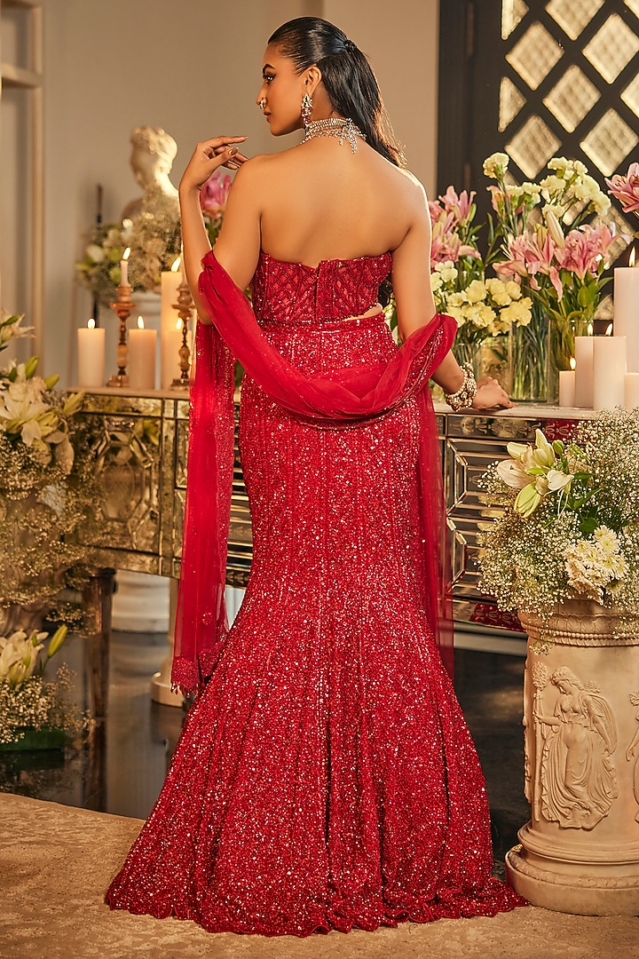 Scarlet Red Net Sequins & Cutdana Embroidered Fish-Cut Bridal Lehenga Set by Isa by Dolly Wahal at Pernia's Pop Up Shop