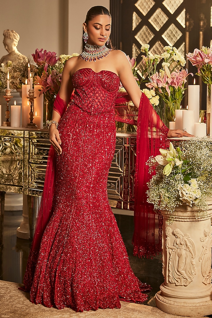 Scarlet Red Net Sequins & Cutdana Embroidered Fish-Cut Bridal Lehenga Set by Isa by Dolly Wahal at Pernia's Pop Up Shop