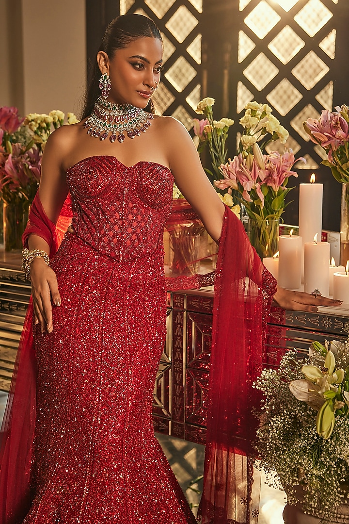 Scarlet Red Net Sequins & Cutdana Embroidered Fish-Cut Bridal Lehenga Set by Isa by Dolly Wahal at Pernia's Pop Up Shop