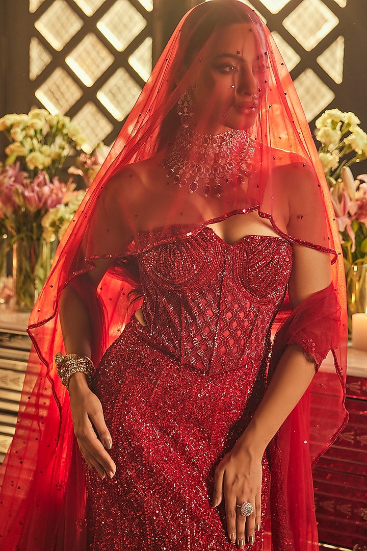 Scarlet Red Net Sequins & Cutdana Embroidered Fish-Cut Bridal Lehenga Set by Isa by Dolly Wahal at Pernia's Pop Up Shop
