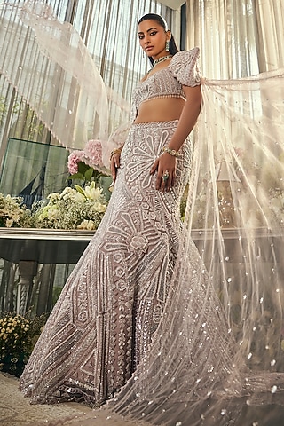 Lavender Net Sequins & Cudana Embroidered Mermaid Lehenga Set by Isa by Dolly Wahal