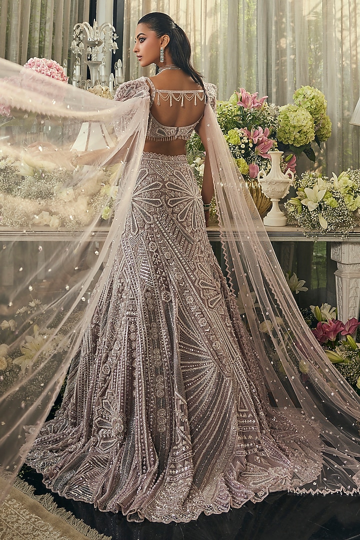 Lavender Net Sequins & Cudana Embroidered Mermaid Bridal Lehenga Set by Isa by Dolly Wahal at Pernia's Pop Up Shop