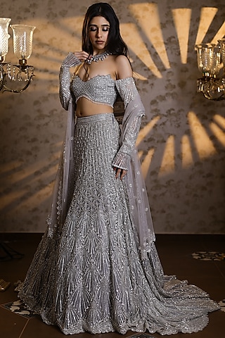 Silver Net Sequins & Cutdana Embroidered Lehenga Set by Isa by Dolly Wahal
