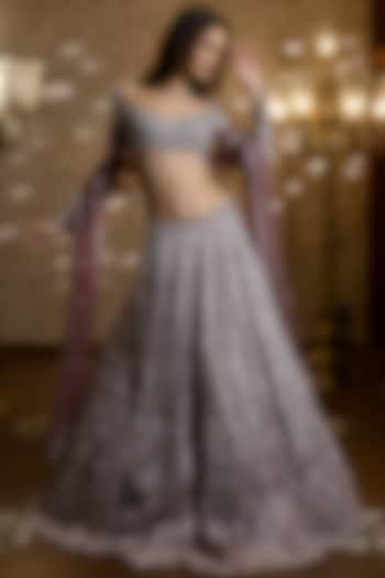 Purple Amethyst Net Sequins & Crystal Embroidered Lehenga Set by Isa by Dolly Wahal