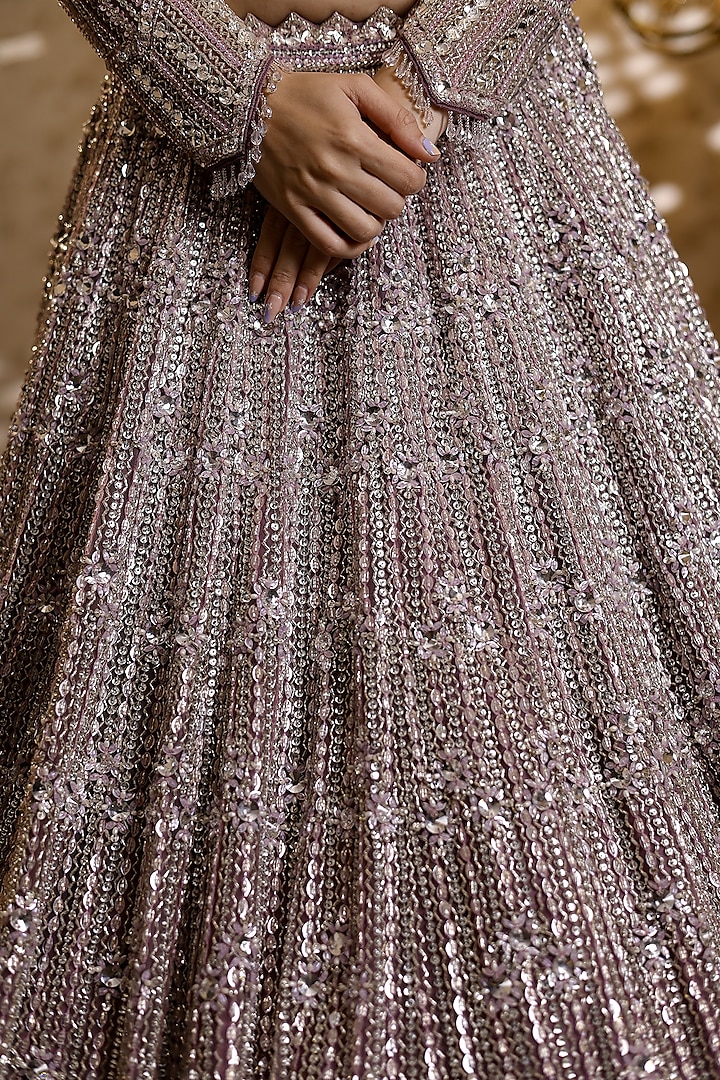 Purple Amethyst Net Sequins & Crystal Embroidered Bridal Lehenga Set by Isa by Dolly Wahal at Pernia's Pop Up Shop