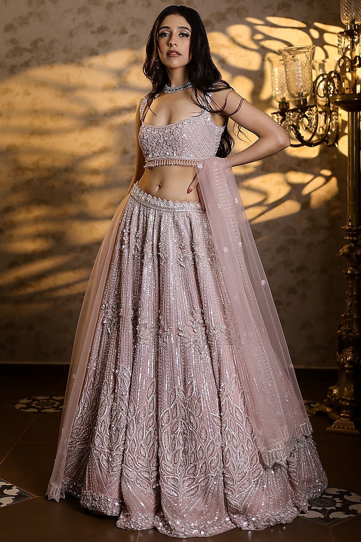 Powder Pink Organza Silk Hand Embroidered Bridal Lehenga Set by Isa by Dolly Wahal at Pernia's Pop Up Shop