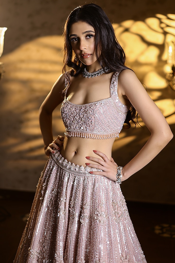 Powder Pink Organza Silk Hand Embroidered Bridal Lehenga Set by Isa by Dolly Wahal at Pernia's Pop Up Shop