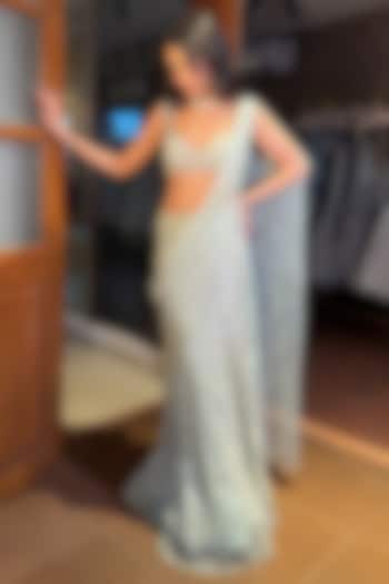 Mint Green Net Sequins Embroidered Skirt Bridal Saree Set by Isa by Dolly Wahal at Pernia's Pop Up Shop