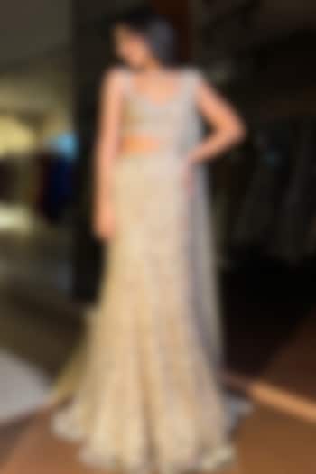 Ivory Net Sequins Embroidered Pre-Draped Bridal Saree Set by Isa by Dolly Wahal at Pernia's Pop Up Shop
