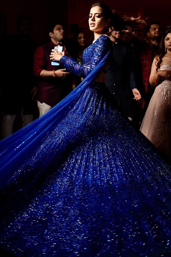 Blue Net Crystal & Cutdana Embroidered Bridal Lehenga Set by Isa by Dolly Wahal at Pernia's Pop Up Shop
