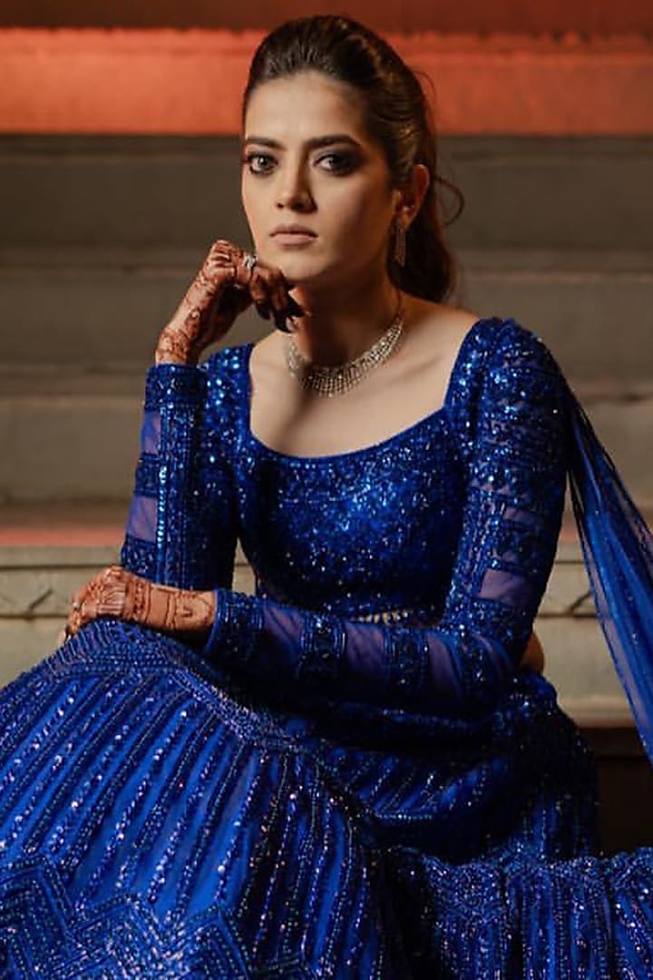 Blue Net Crystal & Cutdana Embroidered Bridal Lehenga Set by Isa by Dolly Wahal at Pernia's Pop Up Shop