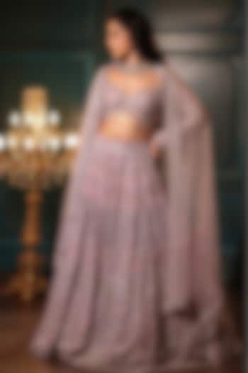 Lilac Net Sequins & Crystal Embroidered Lehenga Set by Isa by Dolly Wahal