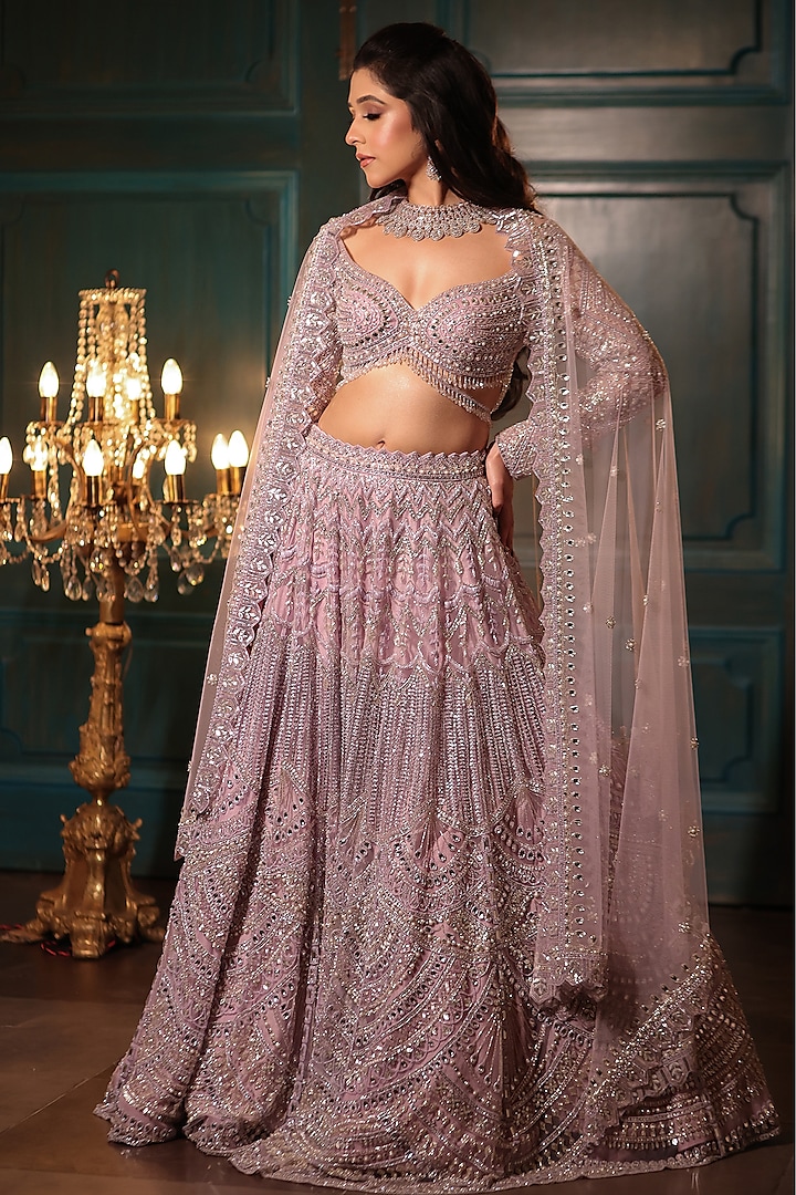 Lilac Net Sequins & Crystal Embroidered Lehenga Set by Isa by Dolly Wahal