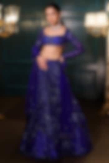 Electric Blue Net Sequins Embroidered Lehenga Set by Isa by Dolly Wahal