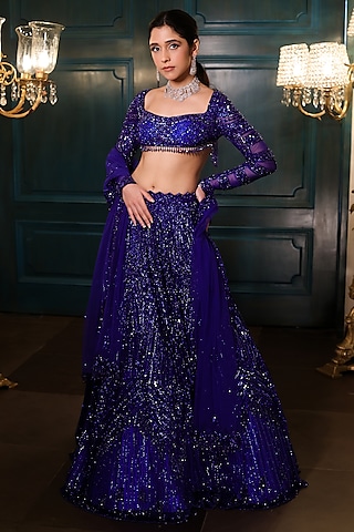 Electric Blue Net Sequins Embroidered Lehenga Set by Isa by Dolly Wahal
