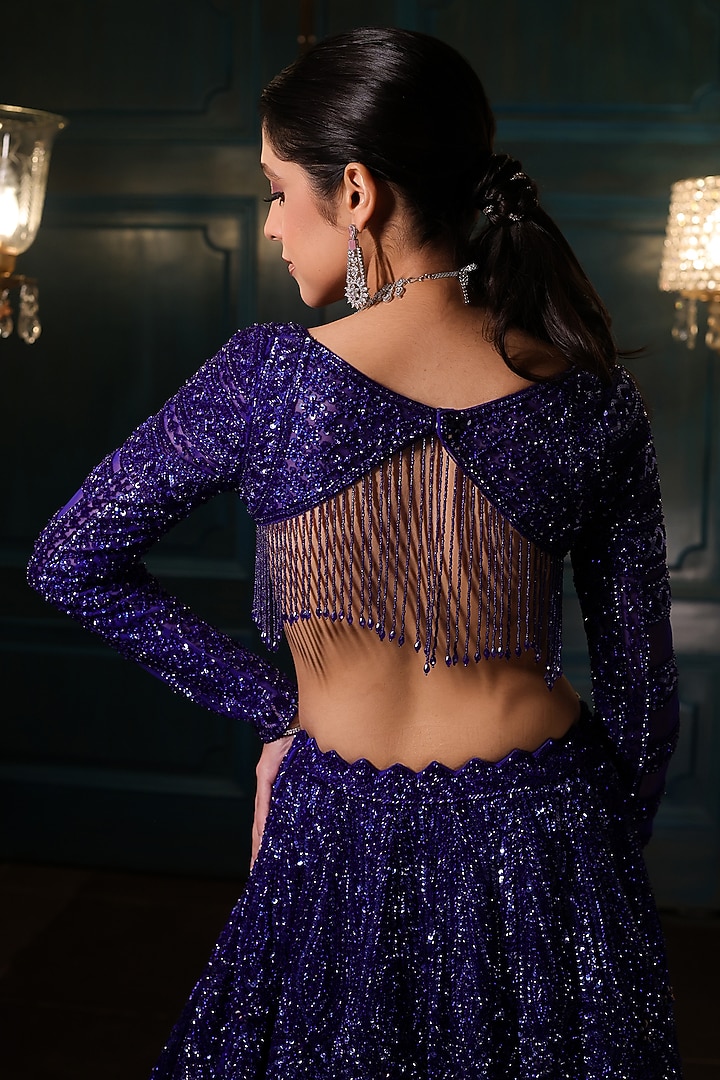Electric Blue Net Sequins Embroidered Bridal Lehenga Set by Isa by Dolly Wahal at Pernia's Pop Up Shop