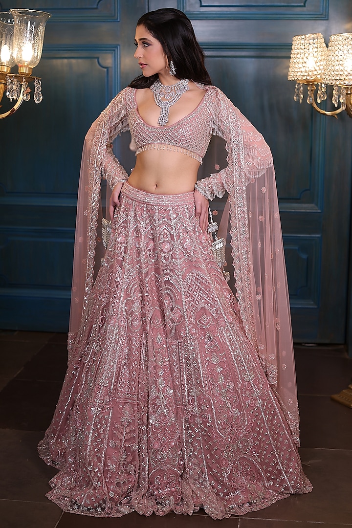 Dusty Pink Net Sequins & Pearls Embroidered Lehenga Set by Isa by Dolly Wahal