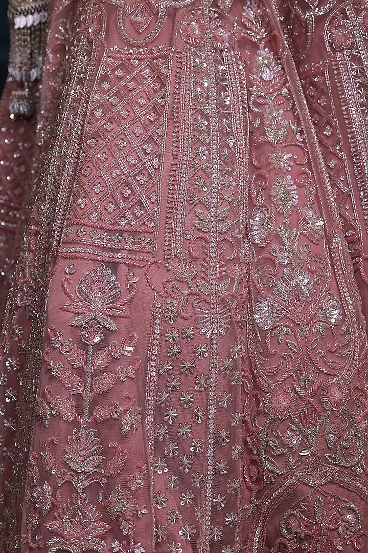 Dusty Pink Net Sequins & Pearls Embroidered Bridal Lehenga Set by Isa by Dolly Wahal at Pernia's Pop Up Shop
