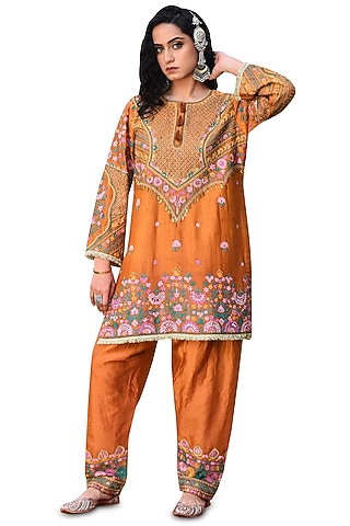 Rust Chanderi Aari Work Kurta Set by Isha & Anshul