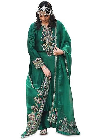 Emerald Chanderi Aari Work Kurta Set by Isha & Anshul
