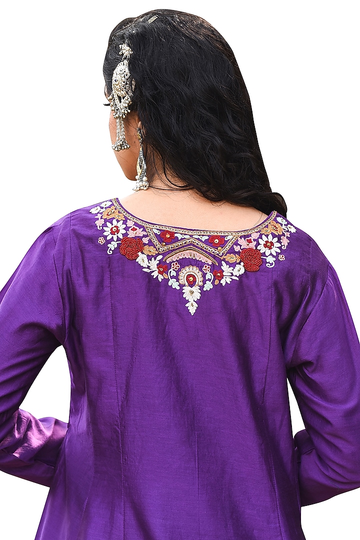 Purple Chanderi Embroidered A-line Kurta Set by Isha & Anshul at Pernia's Pop Up Shop