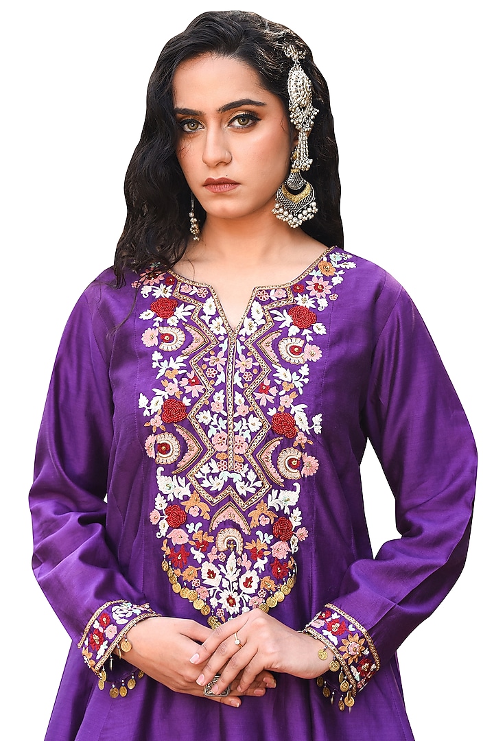 Purple Chanderi Embroidered A-line Kurta Set by Isha & Anshul at Pernia's Pop Up Shop