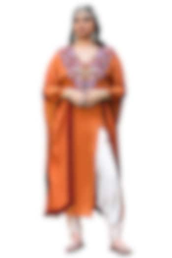 Rust Bamberg Satin Embroidered Kaftan Set by Isha & Anshul at Pernia's Pop Up Shop