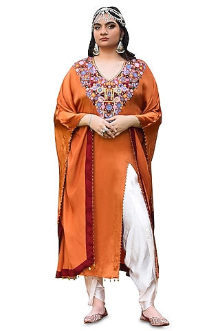 Rust Bamberg Satin Embroidered Kaftan Set by Isha & Anshul