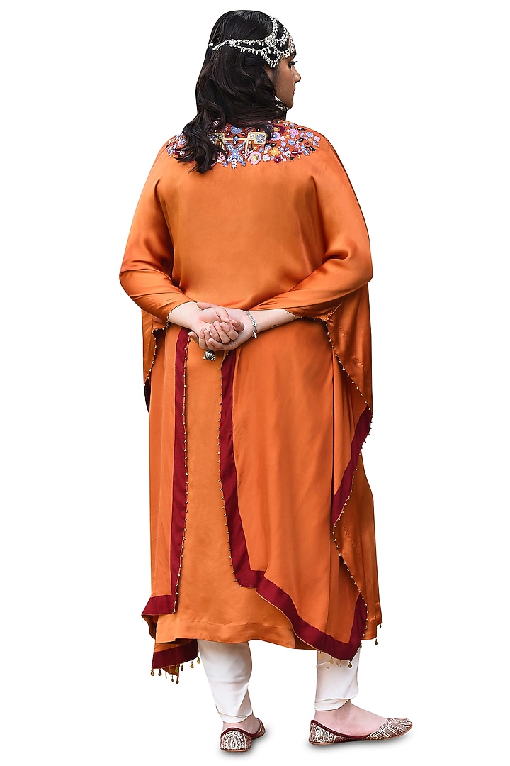 Rust Bamberg Satin Embroidered Kaftan Set by Isha & Anshul at Pernia's Pop Up Shop