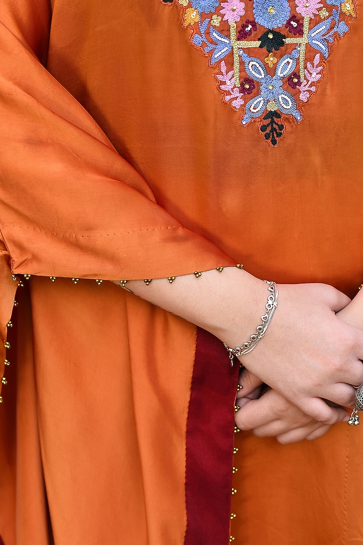 Rust Bamberg Satin Embroidered Kaftan Set by Isha & Anshul at Pernia's Pop Up Shop