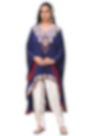 Blue Bamberg Satin Embroidered Kaftan Set by Isha & Anshul at Pernia's Pop Up Shop