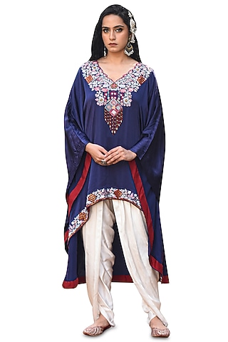 Blue Bamberg Satin Embroidered Kaftan Set by Isha & Anshul