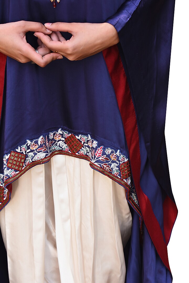 Blue Bamberg Satin Embroidered Kaftan Set by Isha & Anshul at Pernia's Pop Up Shop