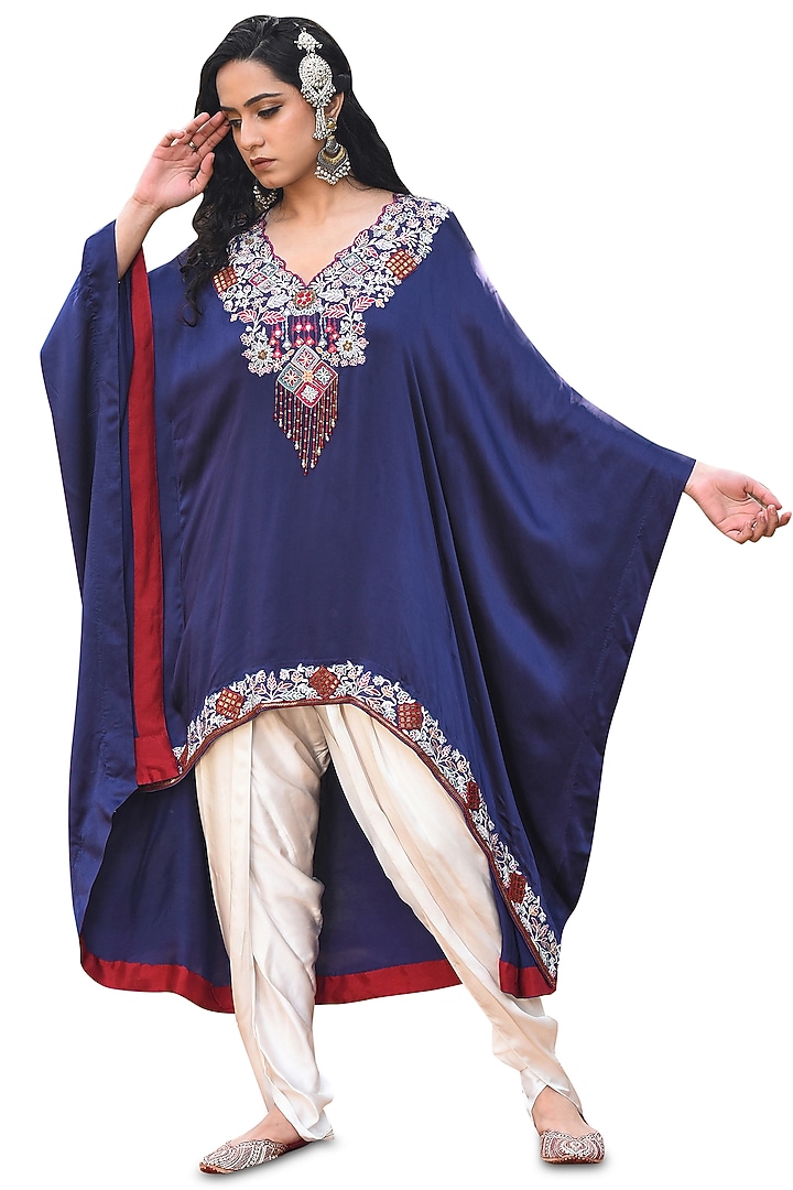 Blue Bamberg Satin Embroidered Kaftan Set by Isha & Anshul at Pernia's Pop Up Shop