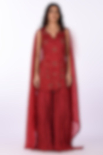 Red Chinon Crushed Wedding Sharara Set by Isha & Anshul at Pernia's Pop Up Shop