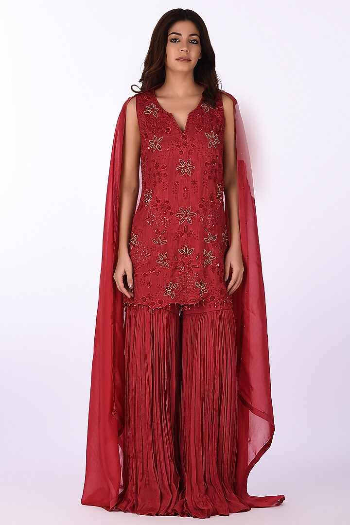 Red Chinon Crushed Wedding Sharara Set by Isha & Anshul at Pernia's Pop Up Shop