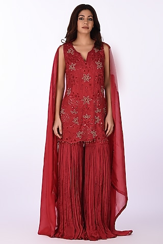 Red Chinon Crushed Sharara Set by Isha & Anshul