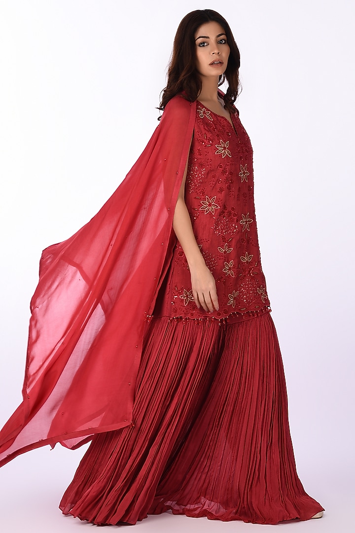 Red Chinon Crushed Wedding Sharara Set by Isha & Anshul at Pernia's Pop Up Shop