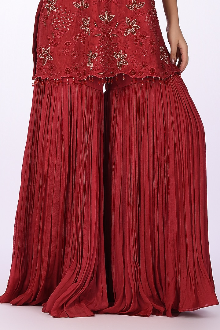 Red Chinon Crushed Wedding Sharara Set by Isha & Anshul at Pernia's Pop Up Shop