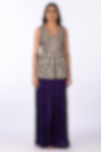 Purple Silk Blend Thread Embroidered Jacket Set by Isha & Anshul at Pernia's Pop Up Shop