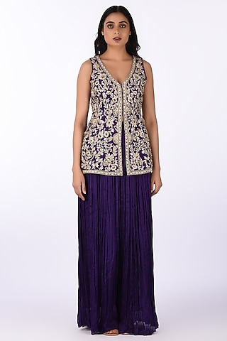 Purple Silk Blend Thread Embroidered Jacket Set by Isha & Anshul