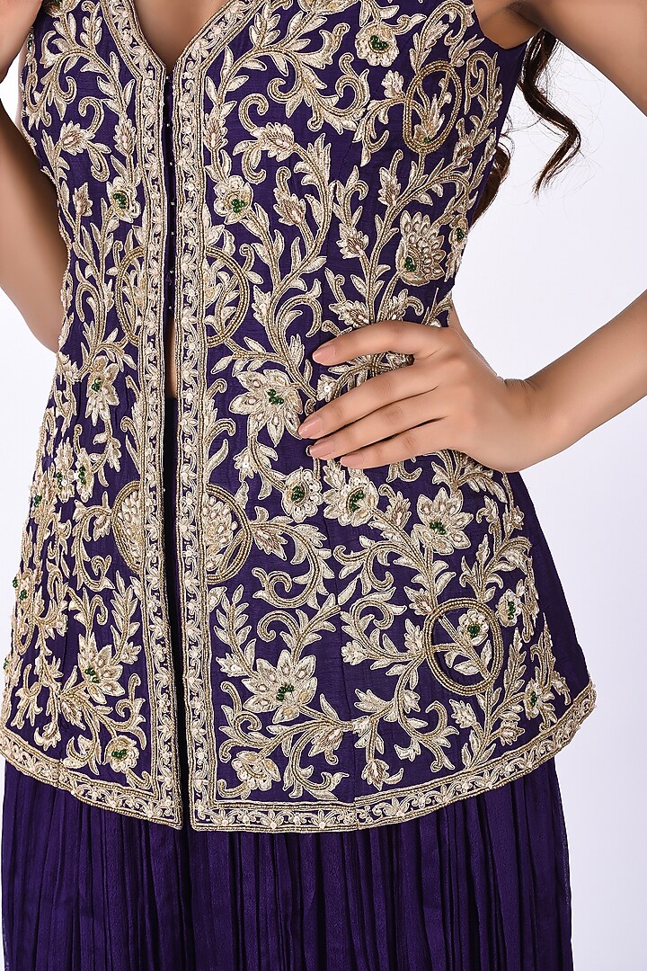 Purple Silk Blend Thread Embroidered Jacket Set by Isha & Anshul at Pernia's Pop Up Shop