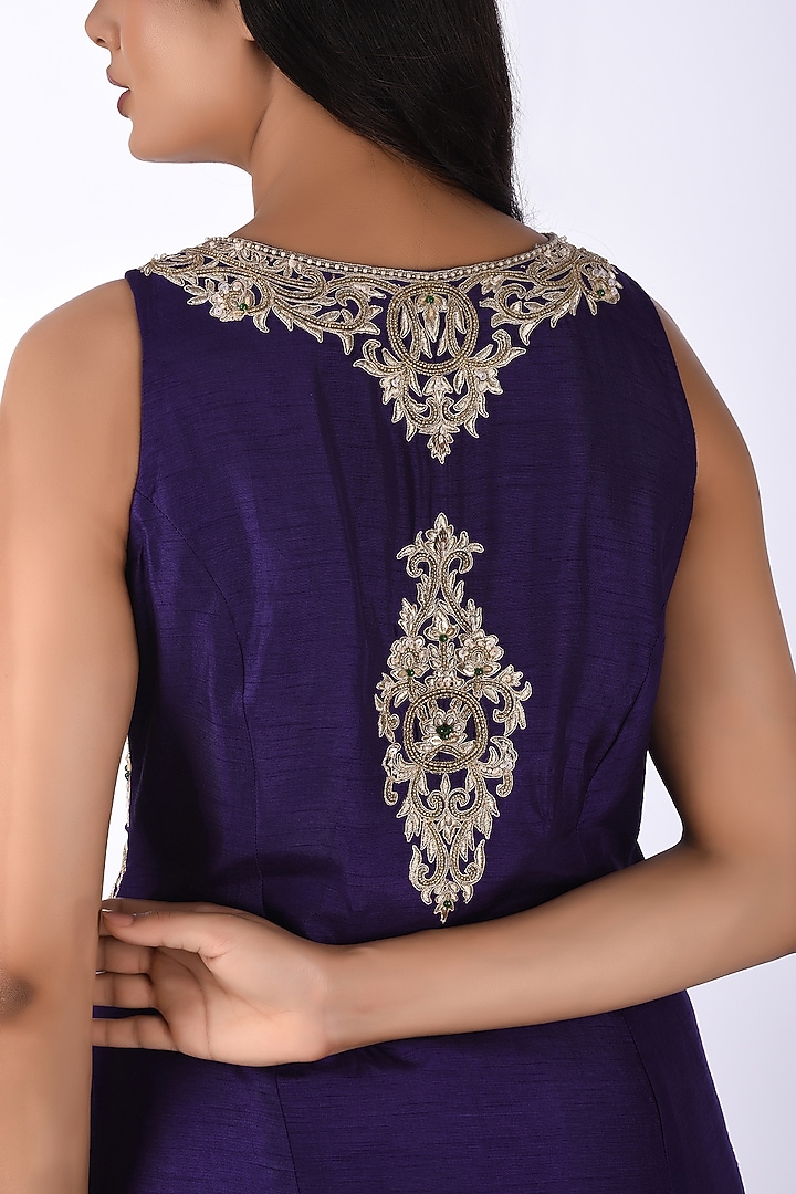 Purple Silk Blend Thread Embroidered Jacket Set by Isha & Anshul at Pernia's Pop Up Shop