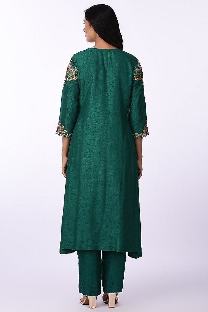 Emerald Green Raw Silk Thread Embroidered Kurta Set by Isha & Anshul at Pernia's Pop Up Shop