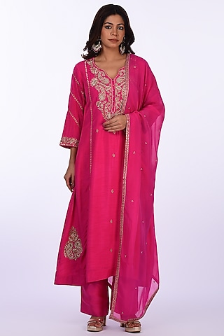 Bright Rani Pink Raw Silk Thread Embroidered Kurta Set by Isha & Anshul