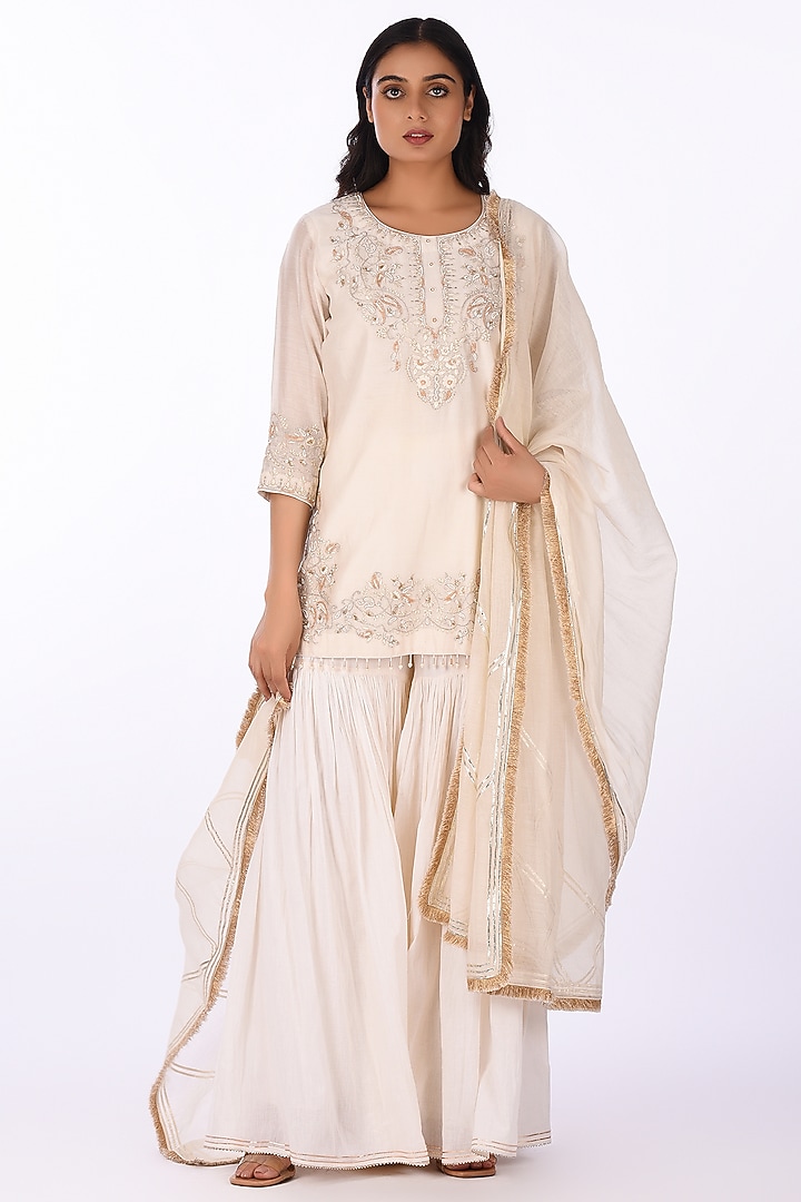 Ivory Raw Crushed Cotton Silk Party Wear Sharara Set by Isha & Anshul at Pernia's Pop Up Shop