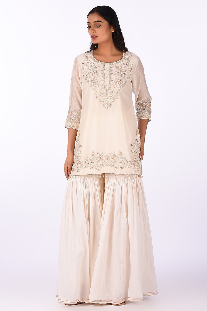 Ivory Raw Crushed Cotton Silk Party Wear Sharara Set by Isha & Anshul at Pernia's Pop Up Shop