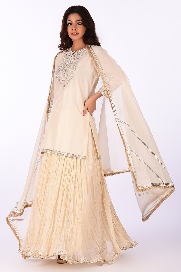 Ivory Raw Crushed Cotton Silk Party Wear Sharara Set by Isha & Anshul at Pernia's Pop Up Shop